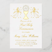 First Communion catholic girl golden angels design Folie Uitnodiging (Voorkant)