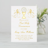 First Communion catholic girl golden angels design Folie Uitnodiging (Staand Voorkant)
