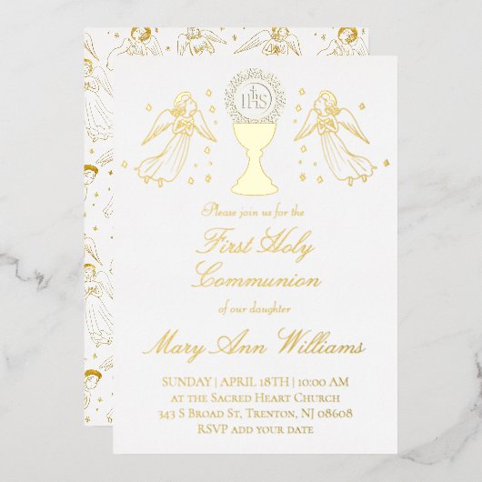 First Communion catholic girl golden angels design Folie Uitnodiging (Voorkant / Achterkant)