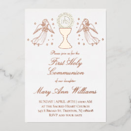 First Communion catholic girl rose gold angels  Folie Uitnodiging