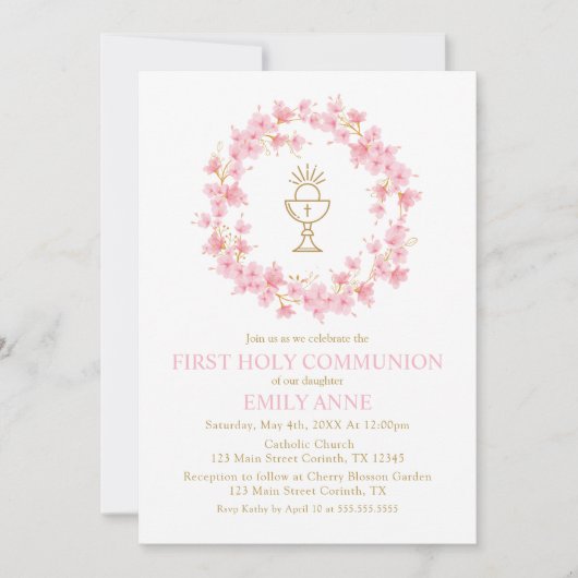 First Communion Cherry Blossom floral Invitation  Kaart (Voorkant)