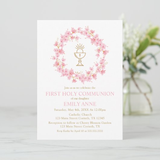 First Communion Cherry Blossom floral Invitation  Kaart (Staand voorkant)