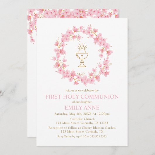 First Communion Cherry Blossom floral Invitation  Kaart (Voorkant / Achterkant)