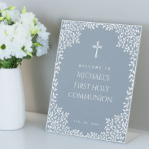 First Communion Dusty Blue White Leaves Welcome