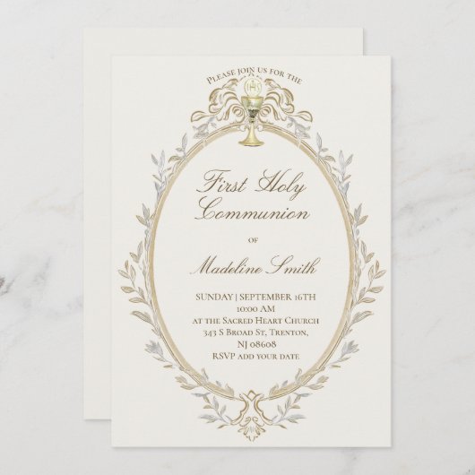 first communion elegant beige frame kaart (Voorkant / Achterkant)