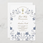 first communion elegant blue frame kaart (Voorkant / Achterkant)