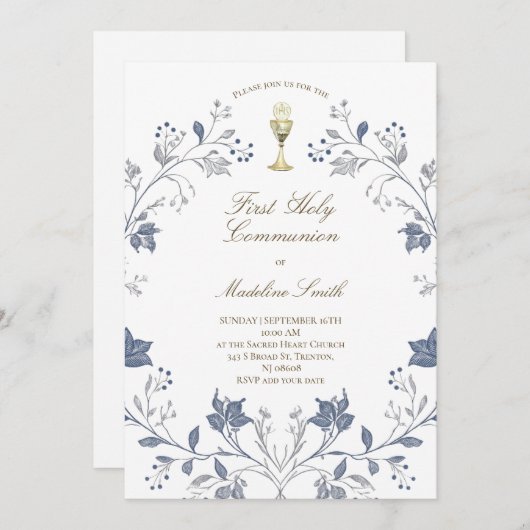 first communion elegant blue frame kaart (Voorkant / Achterkant)