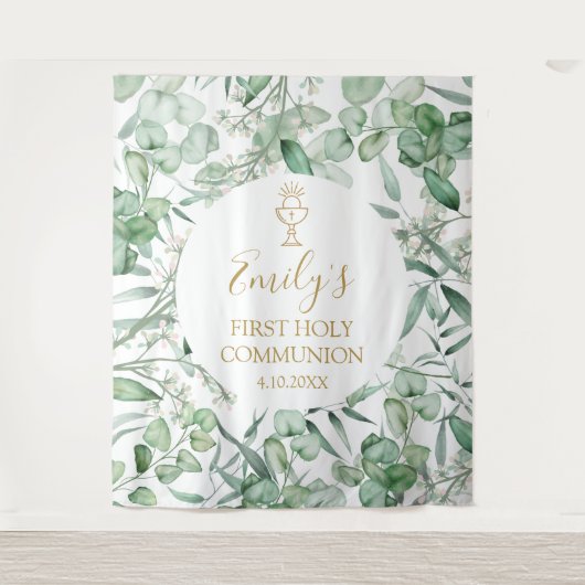 First Communion Eucalyptus greenery backdrop banne Wandkleed (Voorkant)