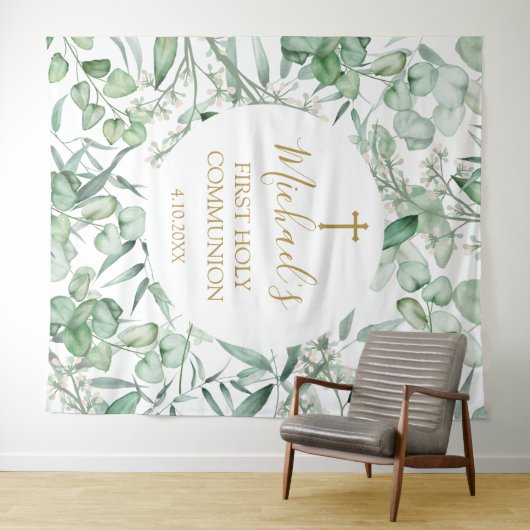 First Communion Eucalyptus greenery backdrop Wandkleed (In Situ (horizontaal))