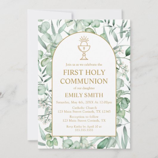 First Communion Eucalyptus leaves Invitation Kaart (Voorkant)