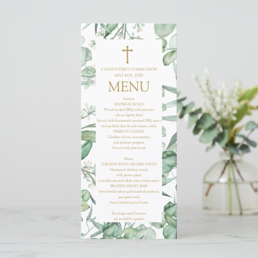 First Communion Eucalyptus leaves Menu (Staand voorkant)
