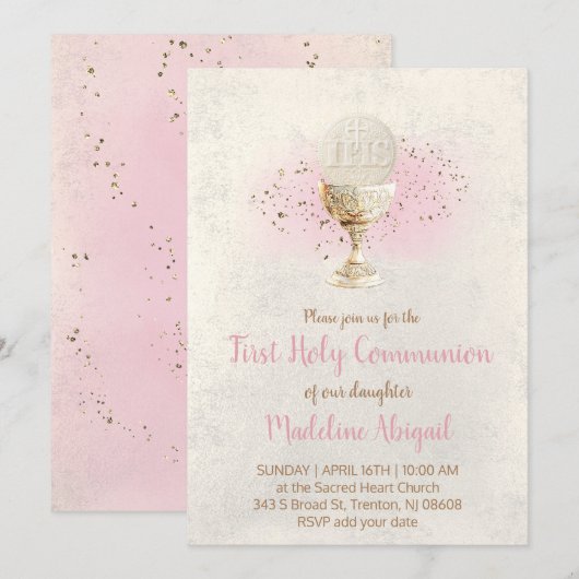 first communion FAUX glitter and pink watercolor Kaart (Voorkant / Achterkant)