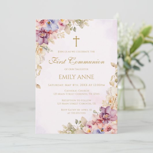 First Communion Floral Orchids Invitation Kaart (Staand voorkant)