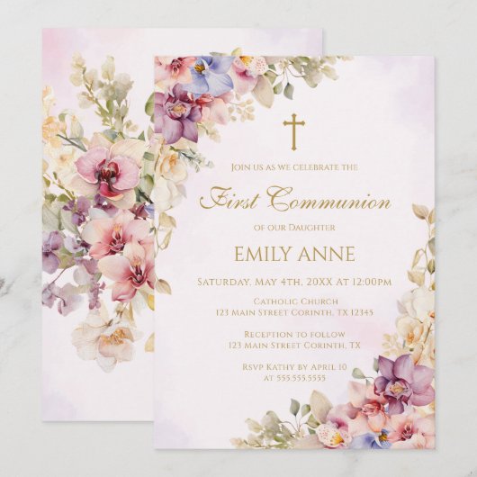 First Communion Floral Orchids Invitation Kaart (Voorkant / Achterkant)