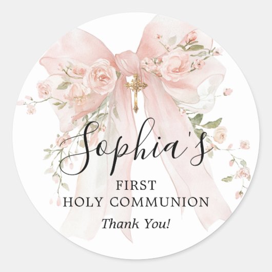 First Communion Girl Pink Bow Roses Thank You Ronde Sticker (Voorkant)