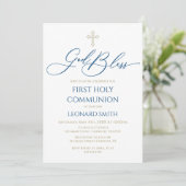 First Communion God Bless Blue Invitation Kaart (Staand voorkant)