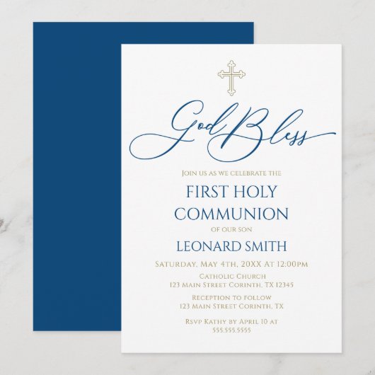 First Communion God Bless Blue Invitation Kaart (Voorkant / Achterkant)