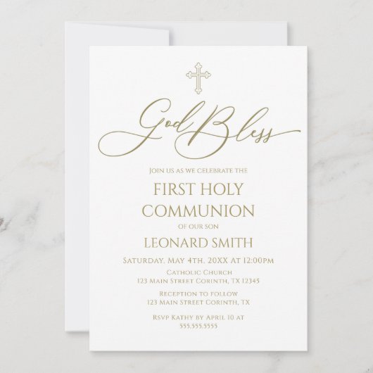 First Communion God Bless gold Invitation Kaart (Voorkant)