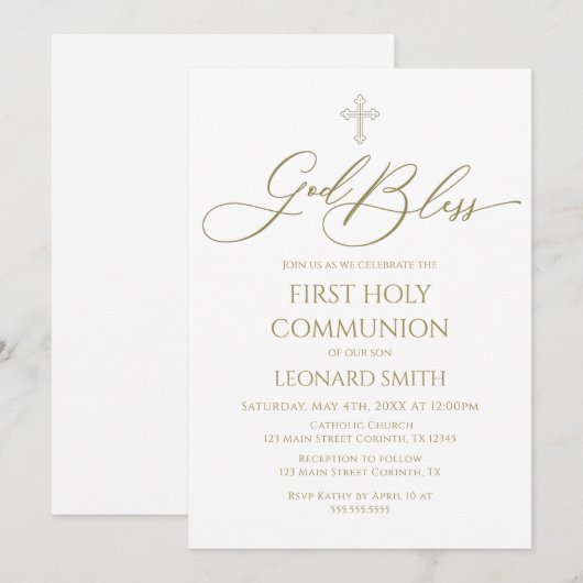 First Communion God Bless gold Invitation Kaart (Voorkant / Achterkant)
