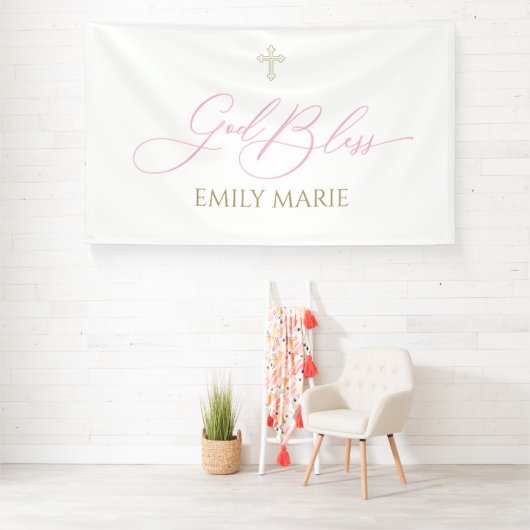 First Communion God Bless Pink banner backdrop (Insitu)