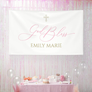 First Communion God Bless Pink banner backdrop