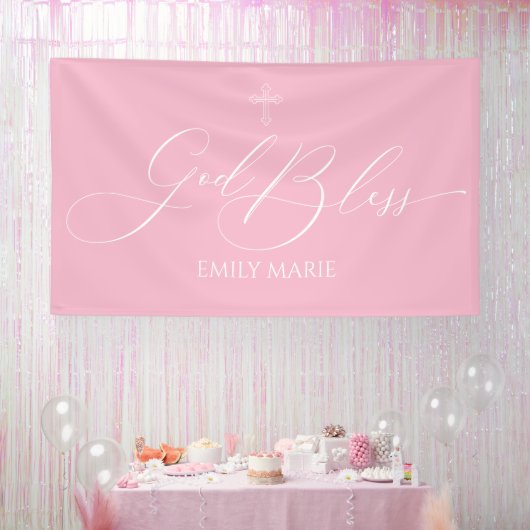 First Communion God Bless Pink banner backdrop  (Feest)