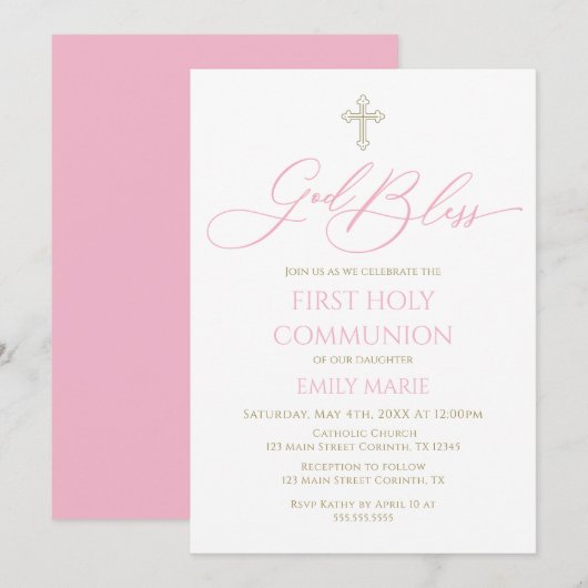 First Communion God Bless pink Invitation Kaart (Voorkant / Achterkant)