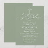 First Communion God Bless Sage Invitation Kaart (Voorkant / Achterkant)