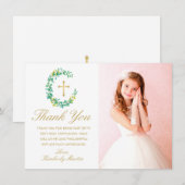 First Communion Greenery Wreath Gold Cross Foto Bedankkaart (Voorkant / Achterkant)