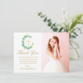 First Communion Greenery Wreath Gold Cross Foto Bedankkaart (Staand voorkant)