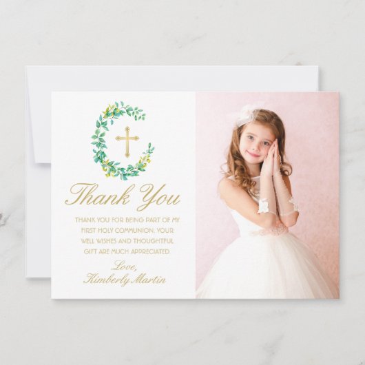 First Communion Greenery Wreath Gold Cross Foto Bedankkaart (Voorkant)