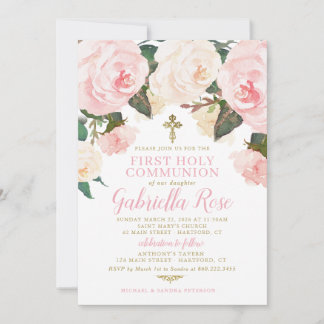 First Communion Invite, Pink Floral Gold Kaart