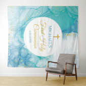 First Communion Marble blue mint modern backdrop Wandkleed (In Situ (horizontaal))