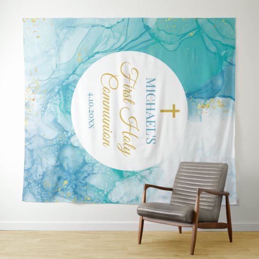 First Communion Marble blue mint modern backdrop Wandkleed (In Situ (horizontaal))