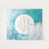 First Communion Marble blue mint modern backdrop Wandkleed (Voorkant (horizontaal))