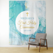 First Communion Marble blue mint modern backdrop Wandkleed (In situ)