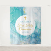 First Communion Marble blue mint modern backdrop Wandkleed (Voorkant)