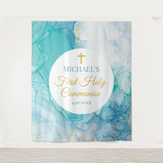 First Communion Marble blue mint modern backdrop Wandkleed (Voorkant)