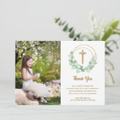 First Communion Photo Cross Eucalyptus Bedankkaart (Staand voorkant)