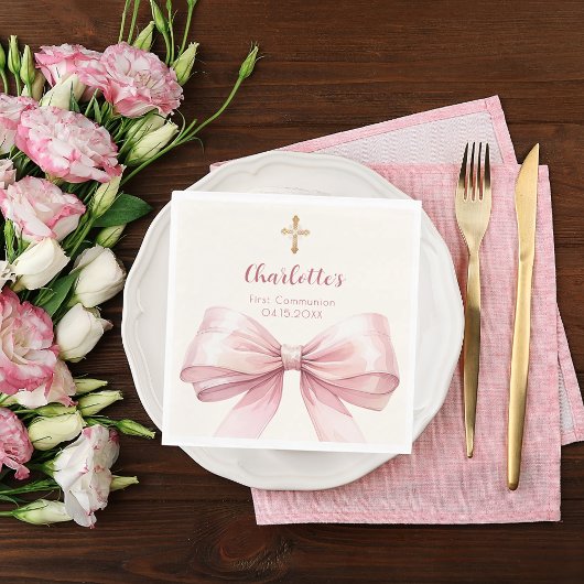 First Communion pink bow cream cross luncheon Servet