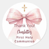 First Communion pink bow girl cross thank you Ronde Sticker (Voorkant)
