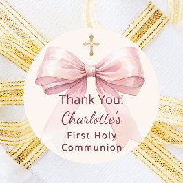 First Communion pink bow ivory cross thank you Ronde Sticker