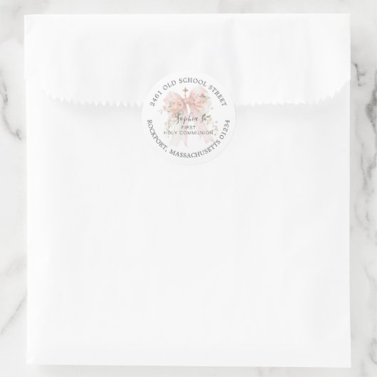First Communion Pink Bow Return Address Label (Tas)