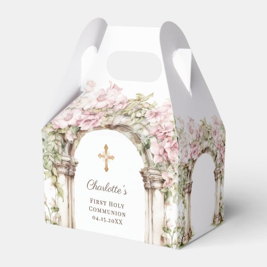 First Communion Pink Florals Arch Cross Bedankdoosjes (Achterkant)