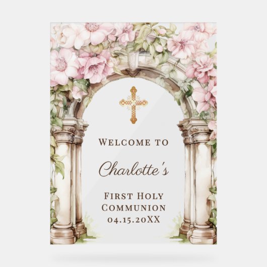 First Communion Pink Florals Arch Cross Welcome Acryl Bord (Voorkant)