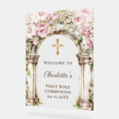 First Communion Pink Florals Arch Cross Welcome Acryl Bord (Hoek)