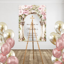 First Communion Pink Florals Arch Cross Welcome Acryl Bord