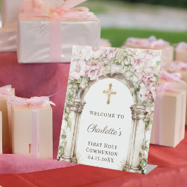 First Communion Pink Florals Arch Cross Welcome Reclamebord Met Voetstuk