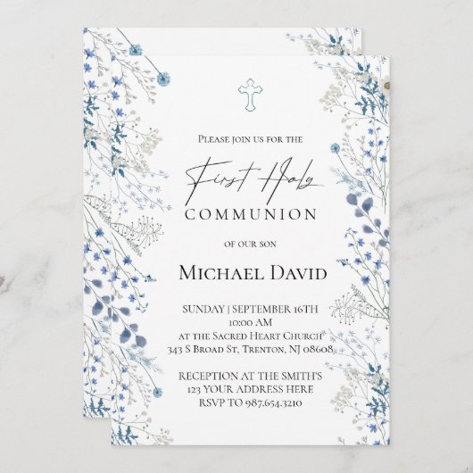 First Communion small blue watercolor flowers Kaart (Voorkant / Achterkant)