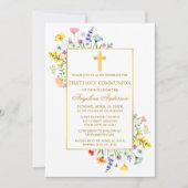 First Communion Watercolor Wildflowers Gold  Kaart (Voorkant)